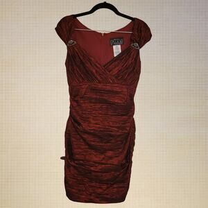 Alex Evenings Red Ruched Sheath Cocktail Dress Petite 6 Black Accents